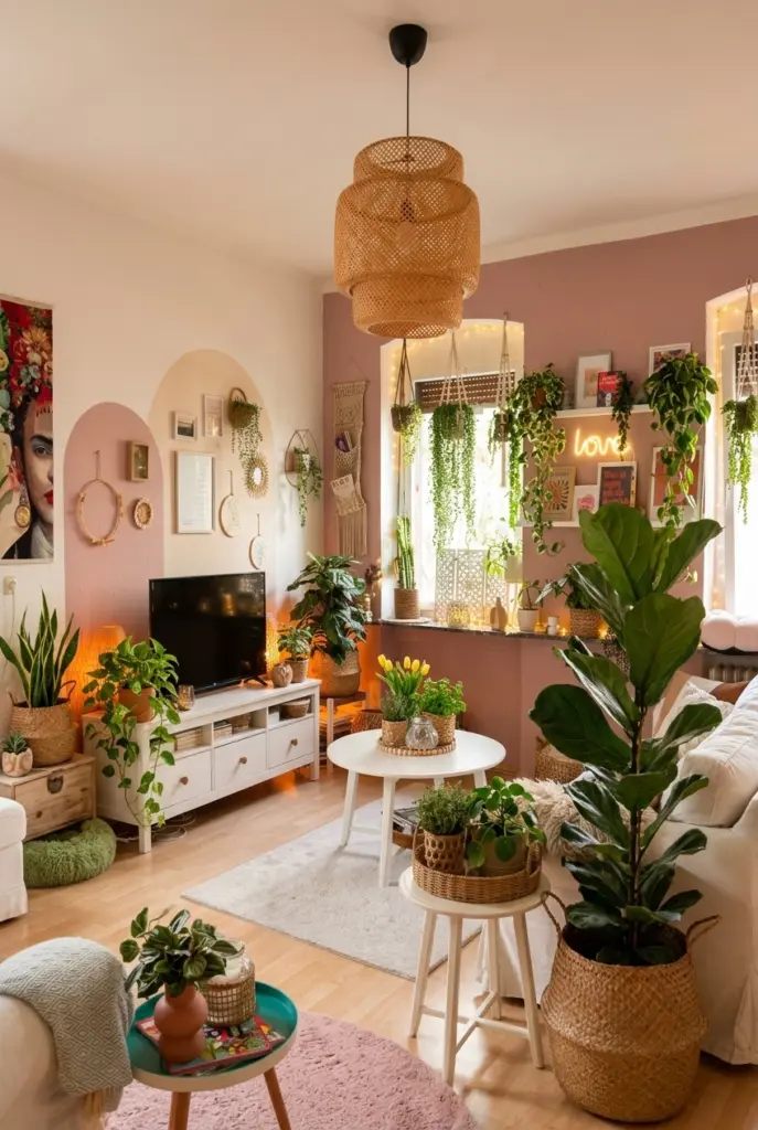 A cozy boho living room with Plenty of Greenery
