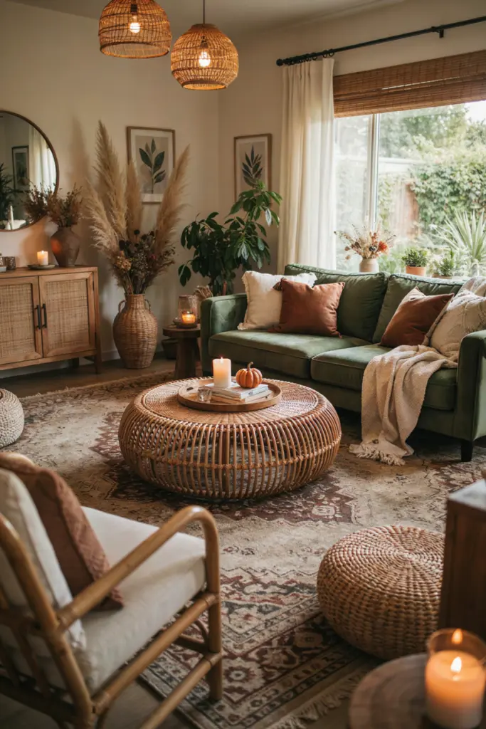 20+ Stunning Fall Boho Living Room Ideas 7 A warm, bohemian-style living room