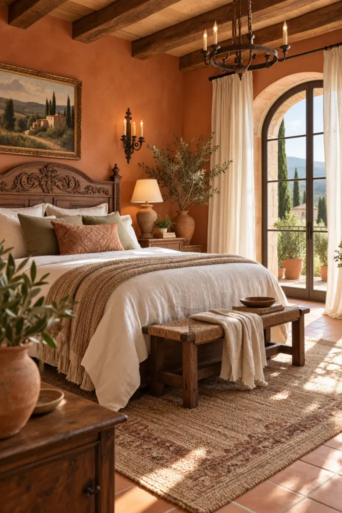 Authentic Tuscan Bedroom with Warm Terracotta Walls