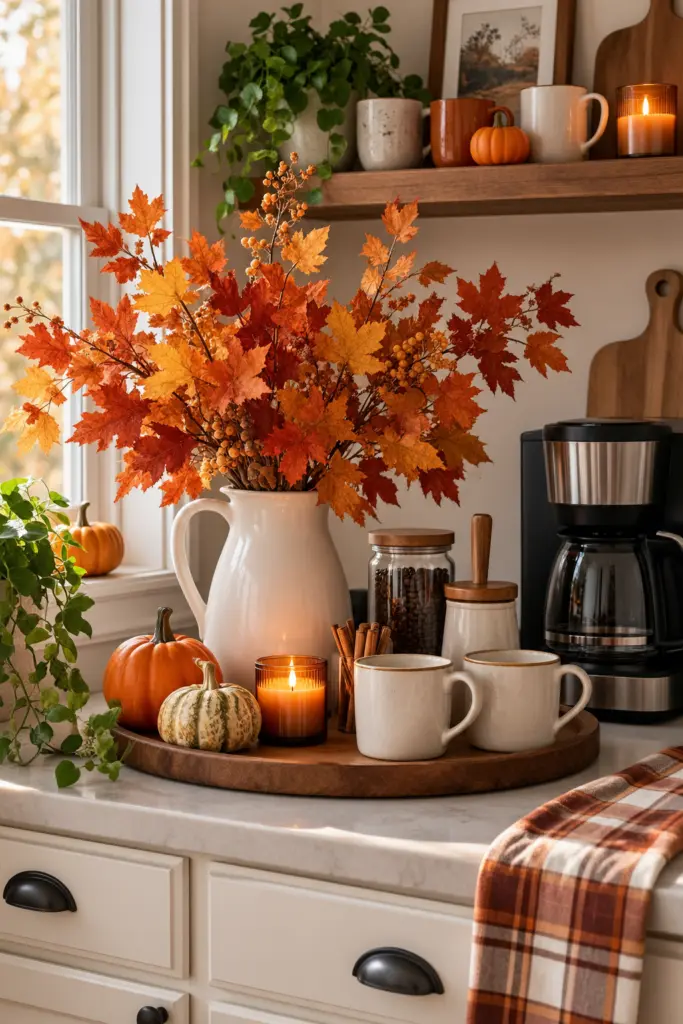 Fall Coffee Bar Decor with Warm Autumn Foliage