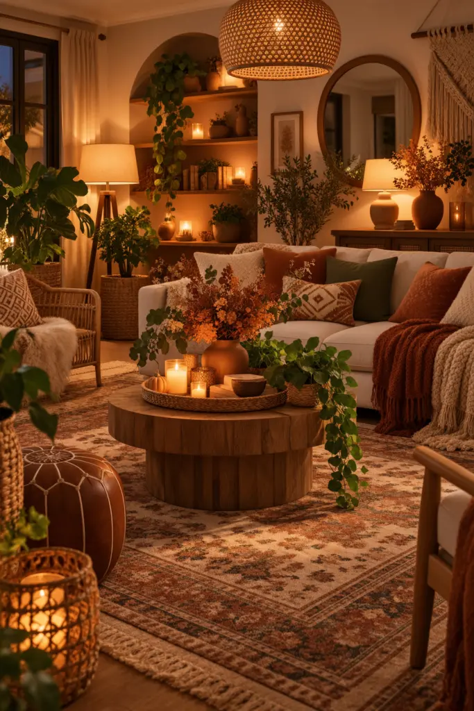 20+ Stunning Fall Boho Living Room Ideas 13 Autumn Glow in a Boho Living Room