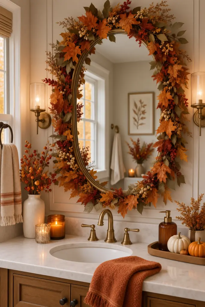 20+ Cozy Fall Bathroom Decor Ideas 5 Autumn Leaf Garland Around the Mirror