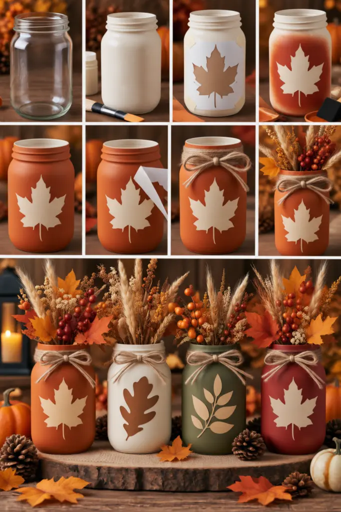 25+ DIY Fall Mason Jar Crafts (Easy Step-by-Step ) 23 Fall Leaf Silhouette Mason Jar