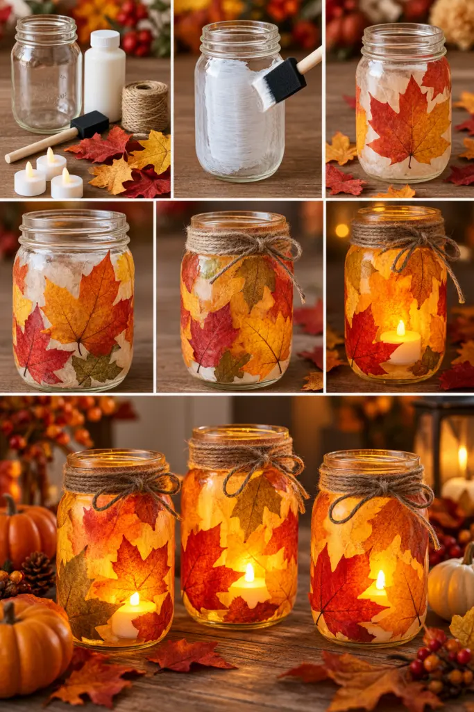 25+ DIY Fall Mason Jar Crafts (Easy Step-by-Step ) 2 Autumn Leaf Mason Jar Lanterns