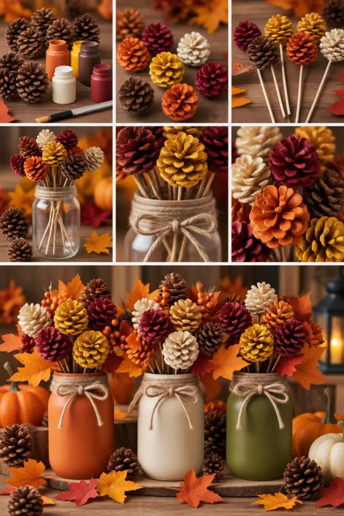 25+ DIY Fall Mason Jar Crafts (Easy Step-by-Step ) 12 DIY Mason Jar Pinecone Bouquet