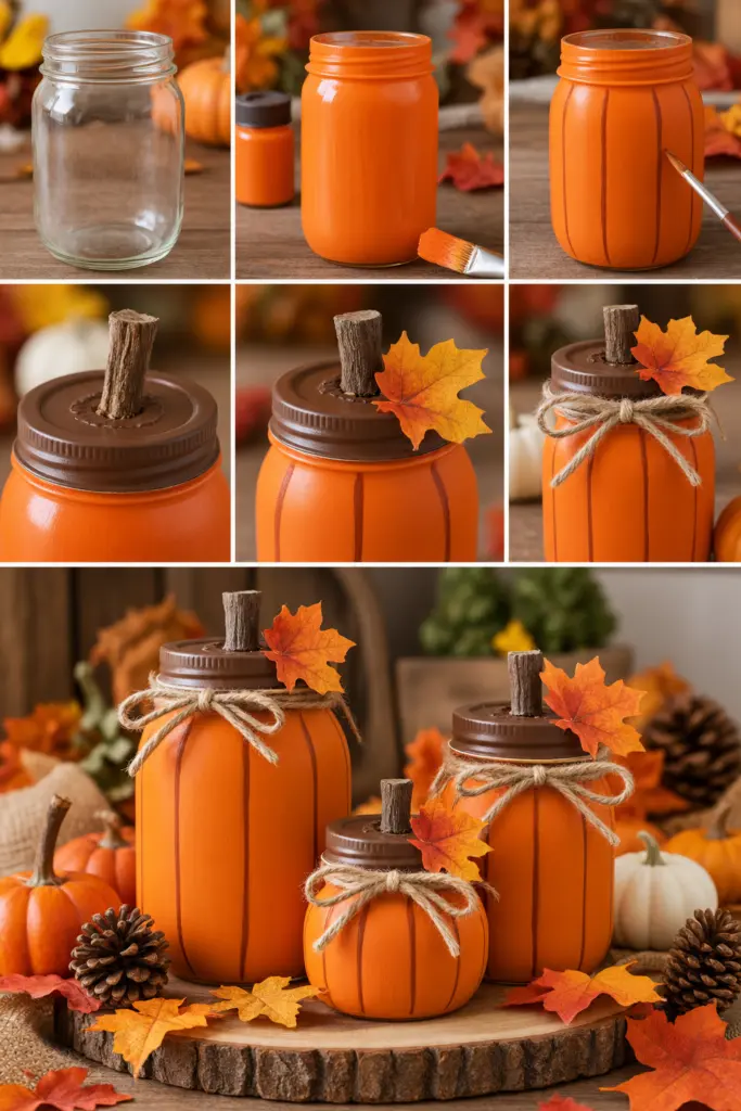 25+ DIY Fall Mason Jar Crafts (Easy Step-by-Step ) 3 Painted Pumpkin Mason Jars