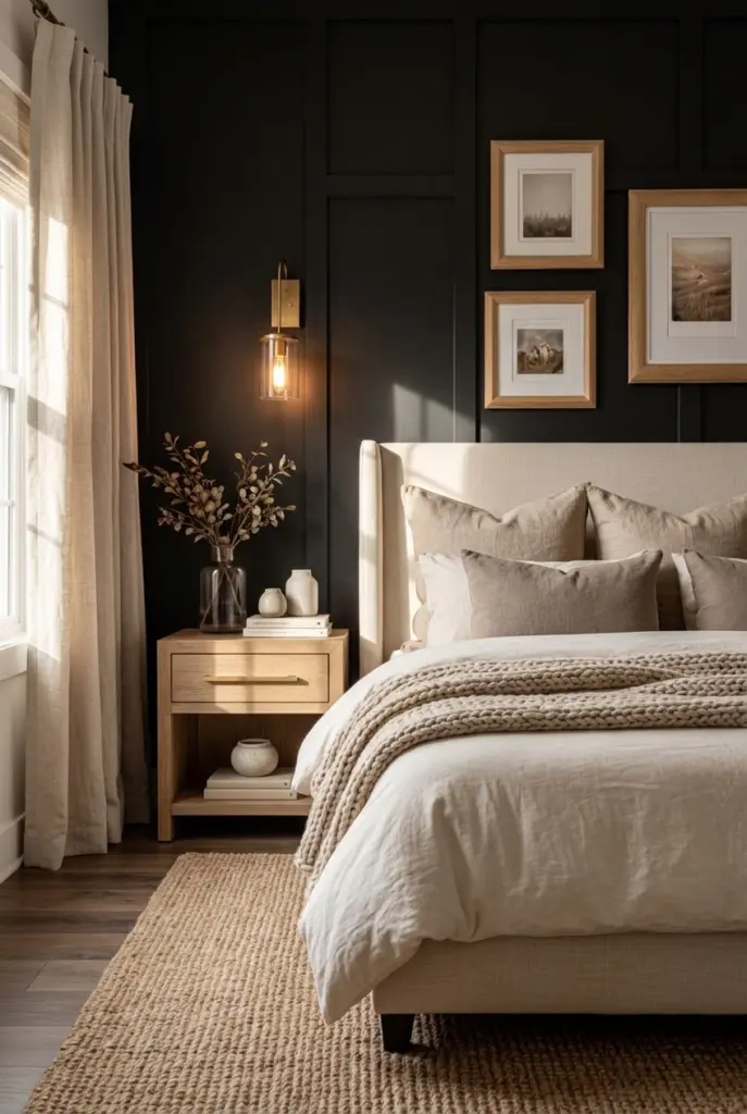 30+ Black Accent Wall Bedroom Designs For Cozy & Bold Look 7 Black Accent Wall Bedroom With Beige Bedding