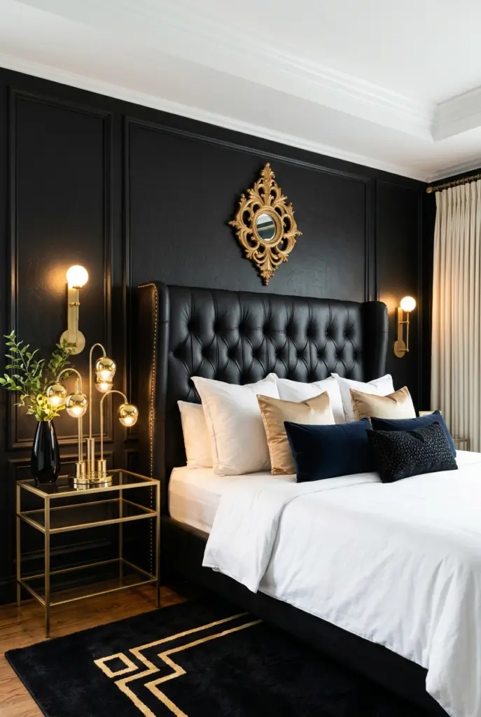 30+ Black Accent Wall Bedroom Designs For Cozy & Bold Look 9 Black Accent Wall Bedroom With Gold Details