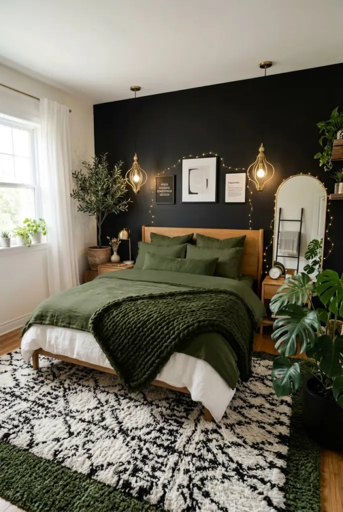 30+ Black Accent Wall Bedroom Designs For Cozy & Bold Look 11 Black Accent Wall With Natural Greenery