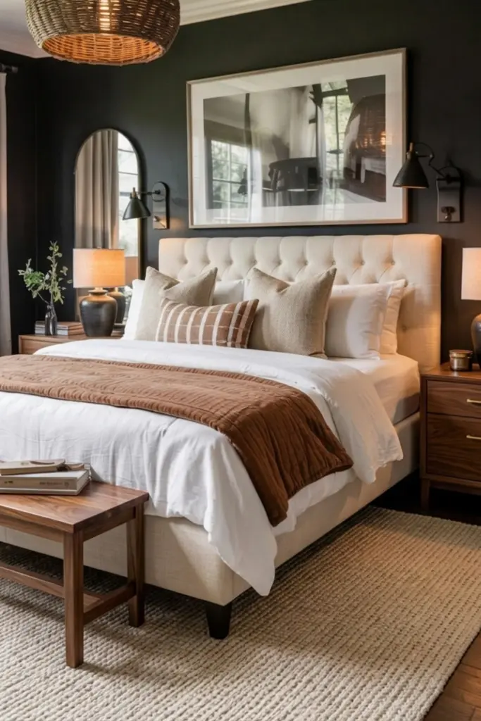 30+ Black Accent Wall Bedroom Designs For Cozy & Bold Look 5 Black Accent Wall Bedroom With Warm Wood Furniture