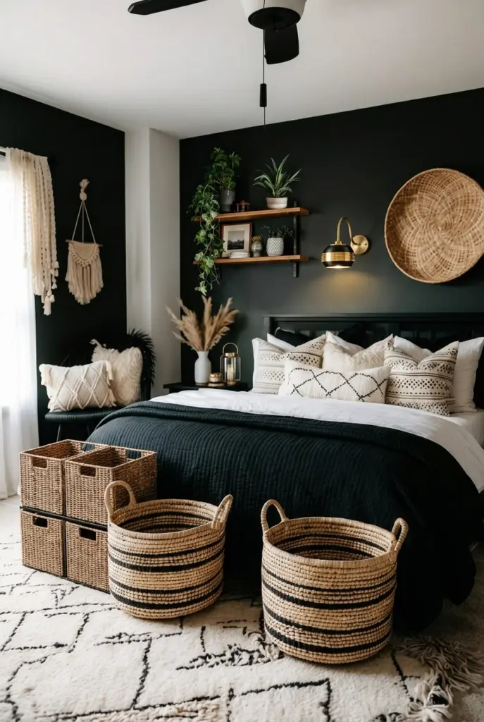 30+ Black Accent Wall Bedroom Designs For Cozy & Bold Look 28 Black Accent Wall Bedroom With Woven Decor