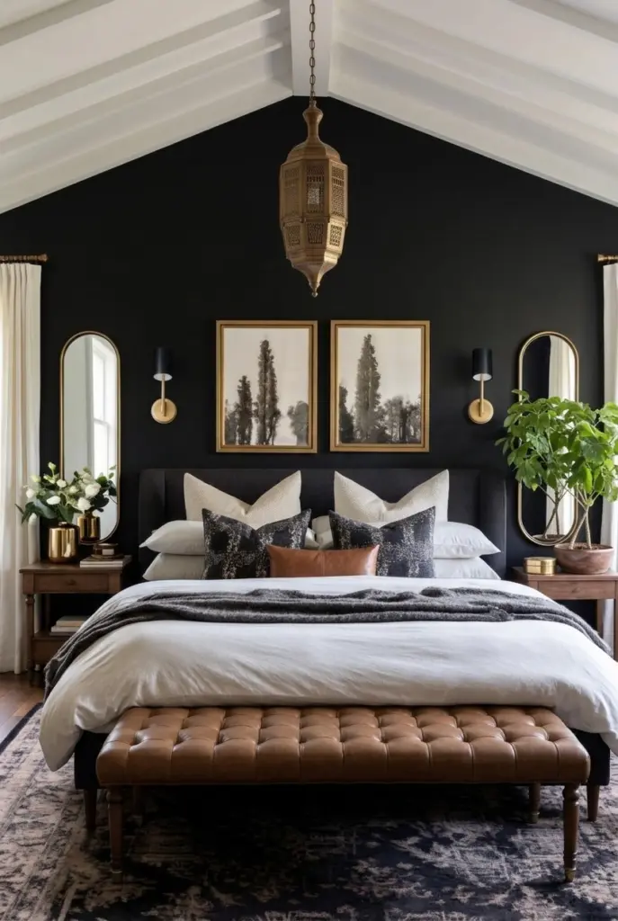 30+ Black Accent Wall Bedroom Designs For Cozy & Bold Look 17 Black Accent Wall Bedroom With Brass Sconces