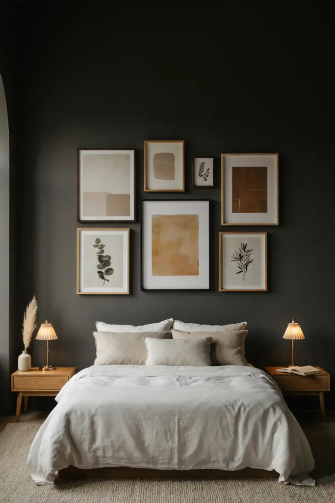 30+ Black Accent Wall Bedroom Designs For Cozy & Bold Look 21 Black Accent Wall With Gallery Art