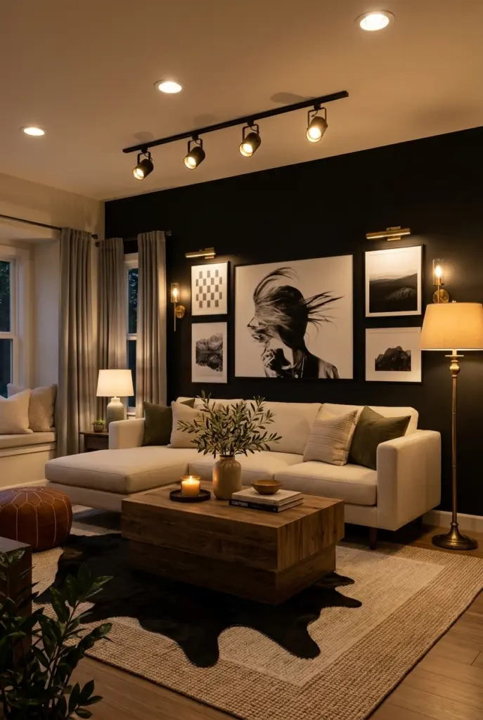 27+ Black Accent Wall living room Ideas and Designs 15 Black Accent Wall With Gallery Lighting