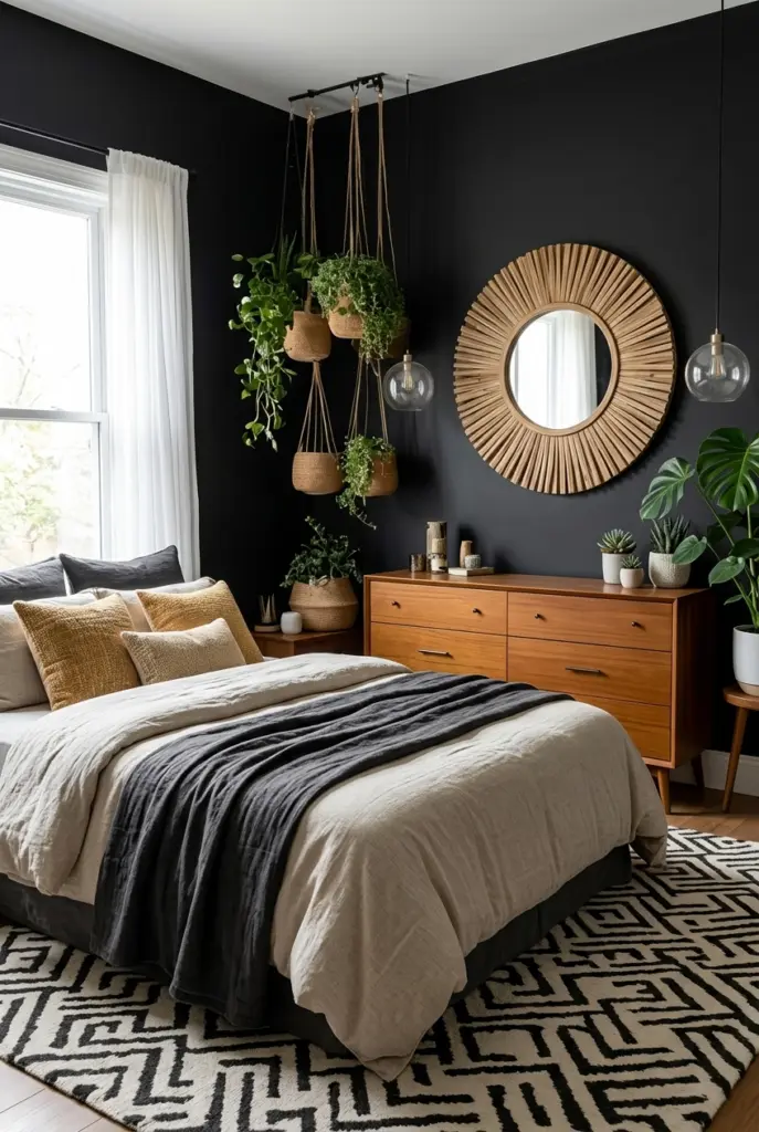 30+ Black Accent Wall Bedroom Designs For Cozy & Bold Look 12 Black Accent Wall With Round Mirror
