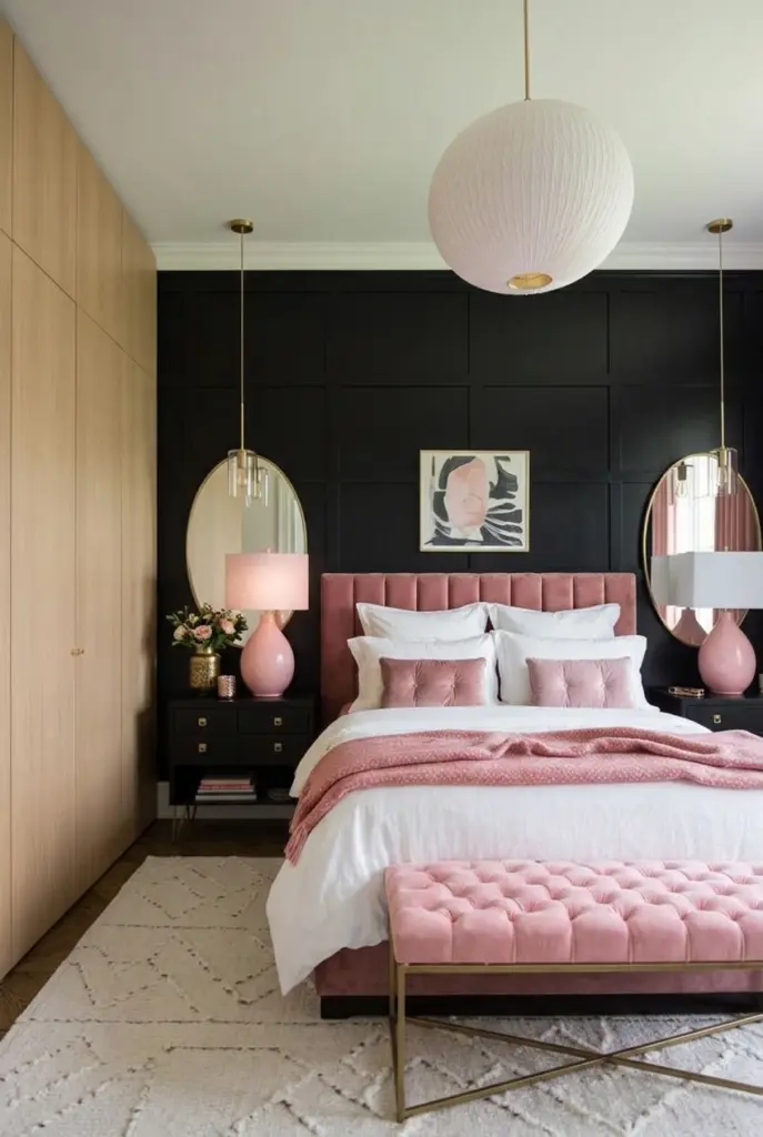 30+ Black Accent Wall Bedroom Designs For Cozy & Bold Look 19 Black Accent Wall Bedroom With Soft Pink