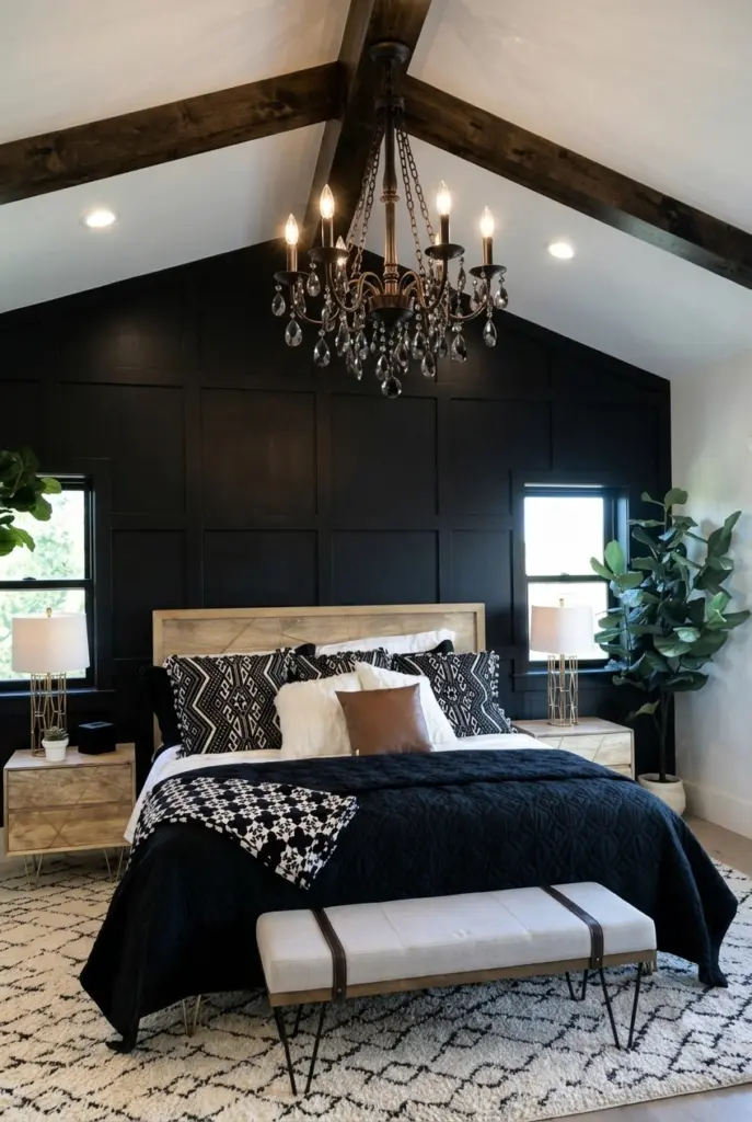 30+ Black Accent Wall Bedroom Designs For Cozy & Bold Look 27 Black Accent Wall With Statement Chandelier