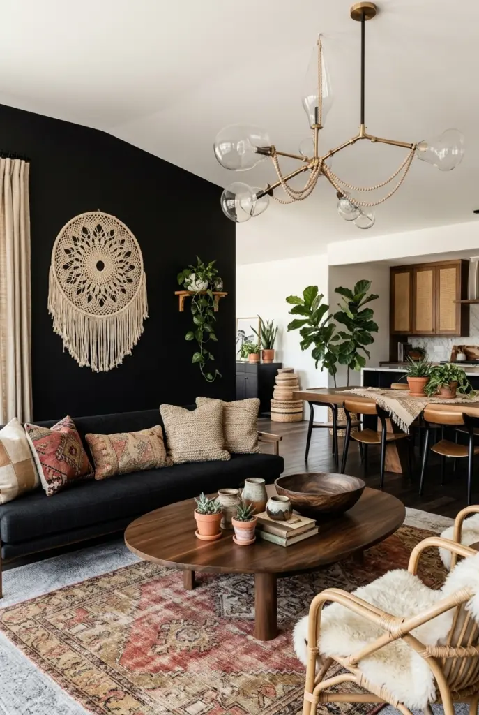 27+ Black Accent Wall living room Ideas and Designs 22 Black Accent Wall living room With Boho Textures