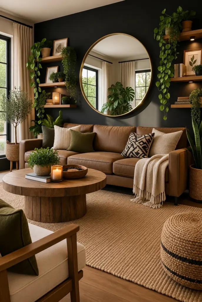 27+ Black Accent Wall living room Ideas and Designs 16 Black Wall With a Round Mirror