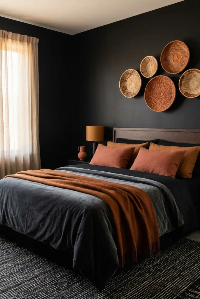 30+ Black Accent Wall Bedroom Designs For Cozy & Bold Look 8 Black Bedroom With Rust and Terracotta Accents