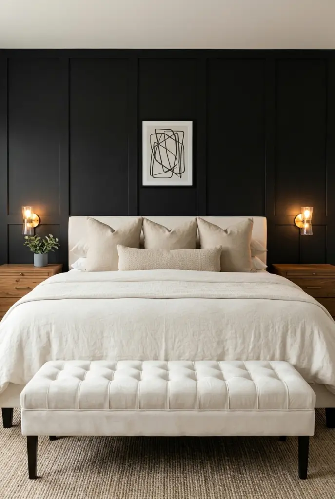 30+ Black Accent Wall Bedroom Designs For Cozy & Bold Look 4 Black Board and Batten Accent Wall