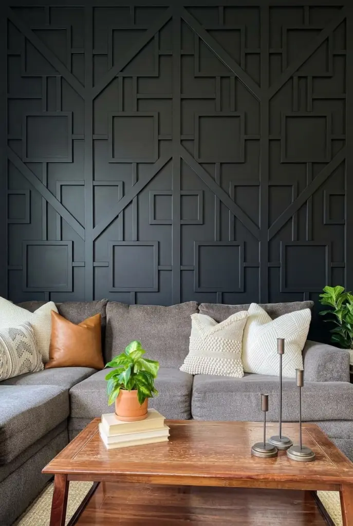 27+ Black Accent Wall living room Ideas and Designs 7 Black Geometric Feature Accent Wall Living Room