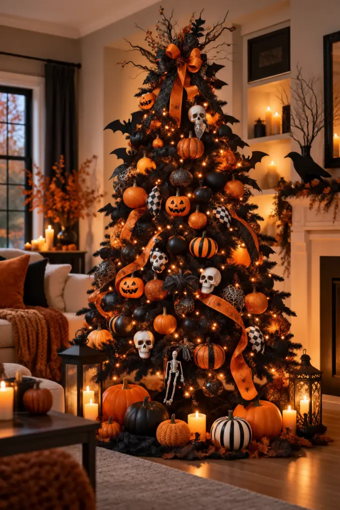 20+ DIY Halloween Tree Decorations Ideas 8 Decorate a Black Halloween Tree With Orange Fairy Lights