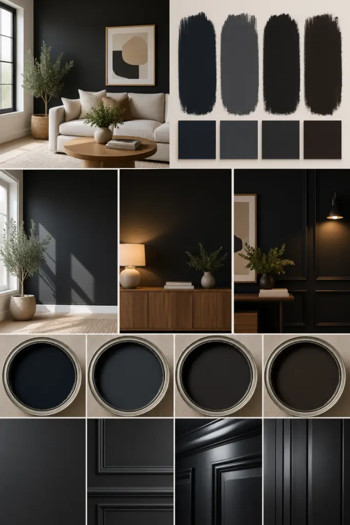 27+ Black Accent Wall living room Ideas and Designs 23 Black Paint Moodboard: Tones, Light, Finishes