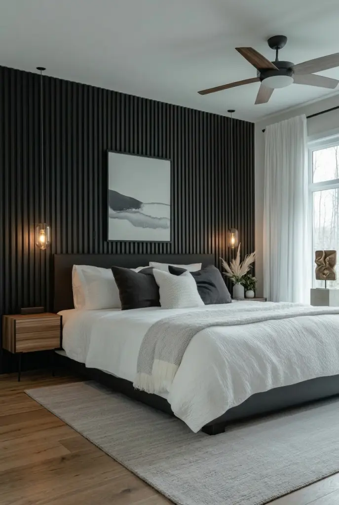 30+ Black Accent Wall Bedroom Designs For Cozy & Bold Look 14 Black Slat Wall Bedroom
