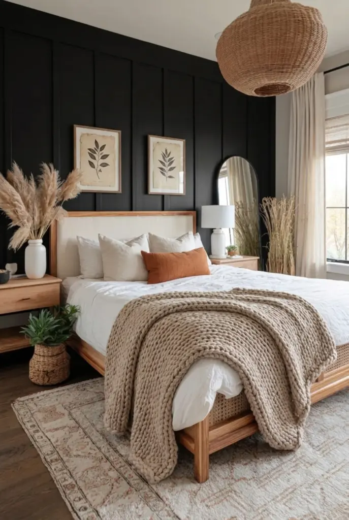 30+ Black Accent Wall Bedroom Designs For Cozy & Bold Look 3 Black Vertical Shiplap Bedroom