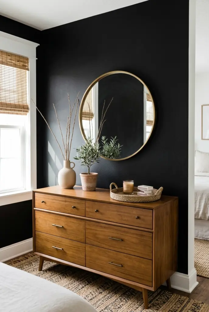 30+ Black Accent Wall Bedroom Designs For Cozy & Bold Look 22 Black Wall Accent Bedroom With a Wooden Dresser