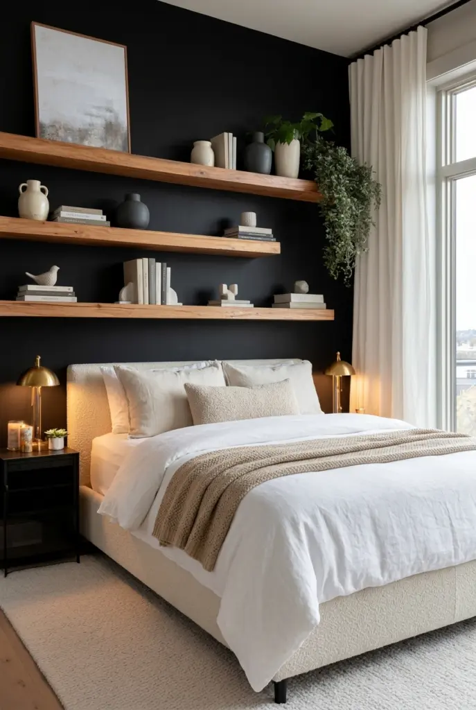 30+ Black Accent Wall Bedroom Designs For Cozy & Bold Look 13 Black Wall With Floating Wood Shelves
