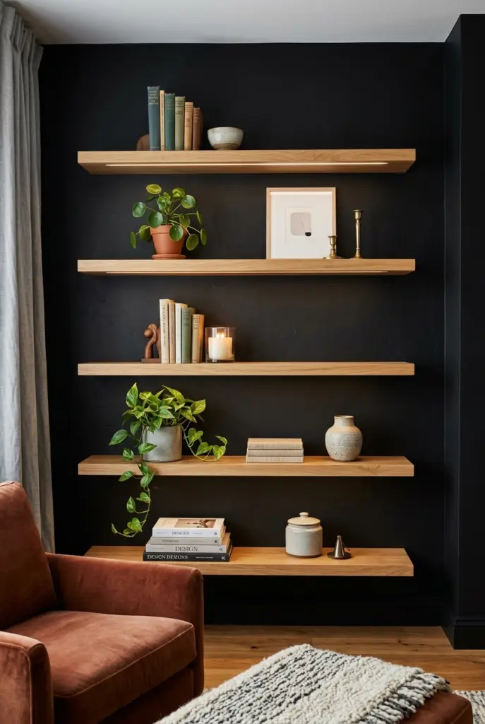27+ Black Accent Wall living room Ideas and Designs 14 Black Wall With Floating Wooden Shelves