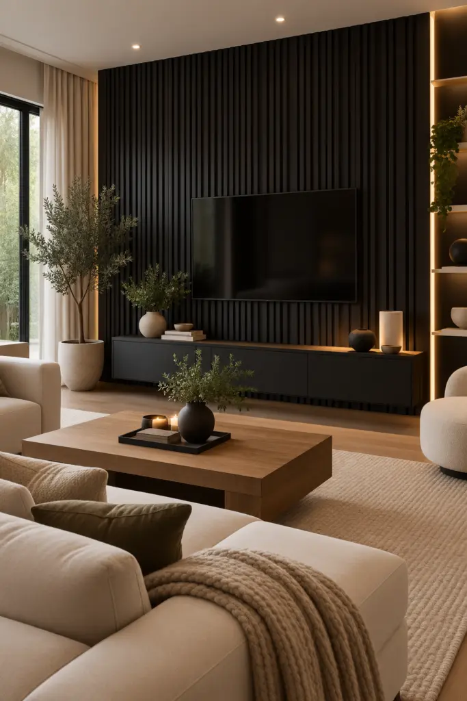 27+ Black Accent Wall living room Ideas and Designs 5 Black Accent Wall living room With Vertical Slat Panels