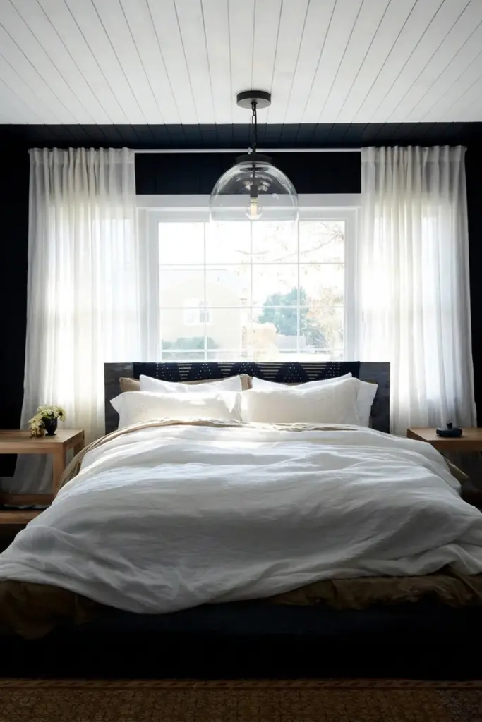 30+ Black Accent Wall Bedroom Designs For Cozy & Bold Look 18 Black Wall With White Curtains