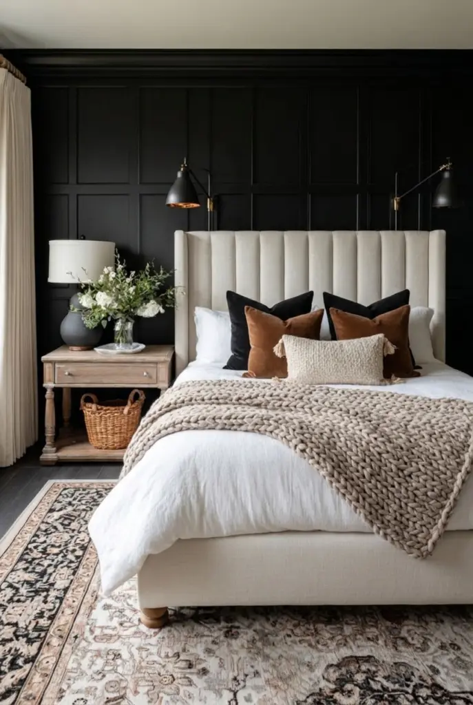 30+ Black Accent Wall Bedroom Designs For Cozy & Bold Look 10 Black Wall With a Cream Upholstered Headboard