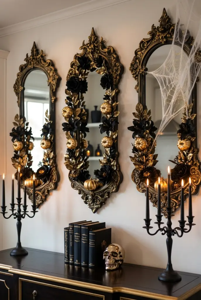 Black and Gold Halloween Mirror with Decorative Candles