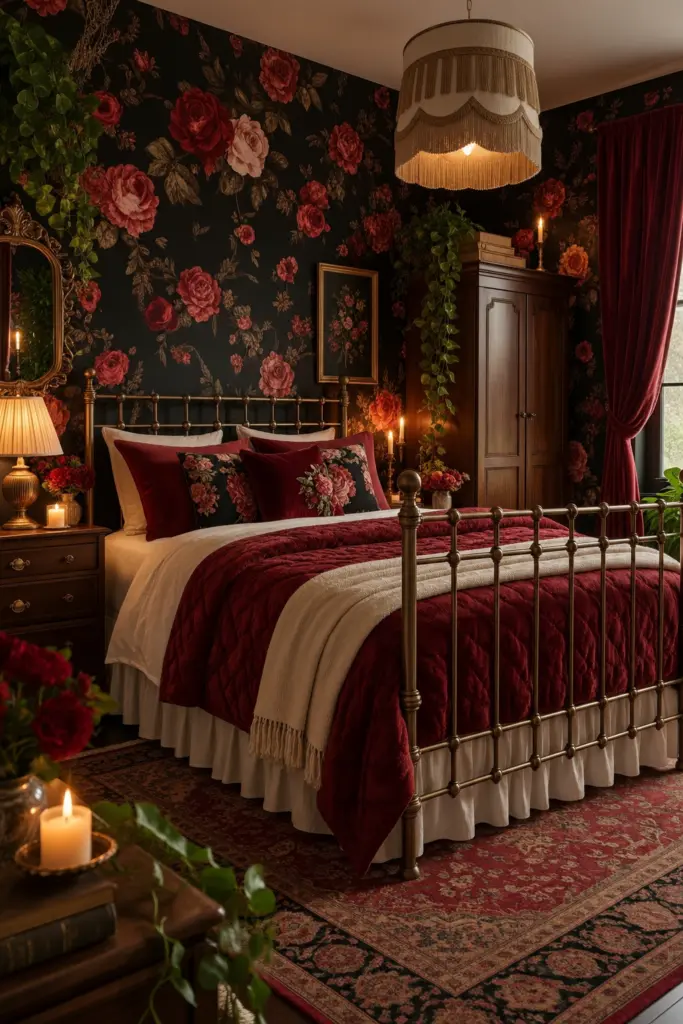 Black and Red Floral Bedroom