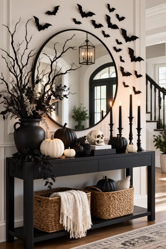 25+ Spooky Halloween Entryway Decor Ideas 7 Black-and-White Halloween Entryway Decor