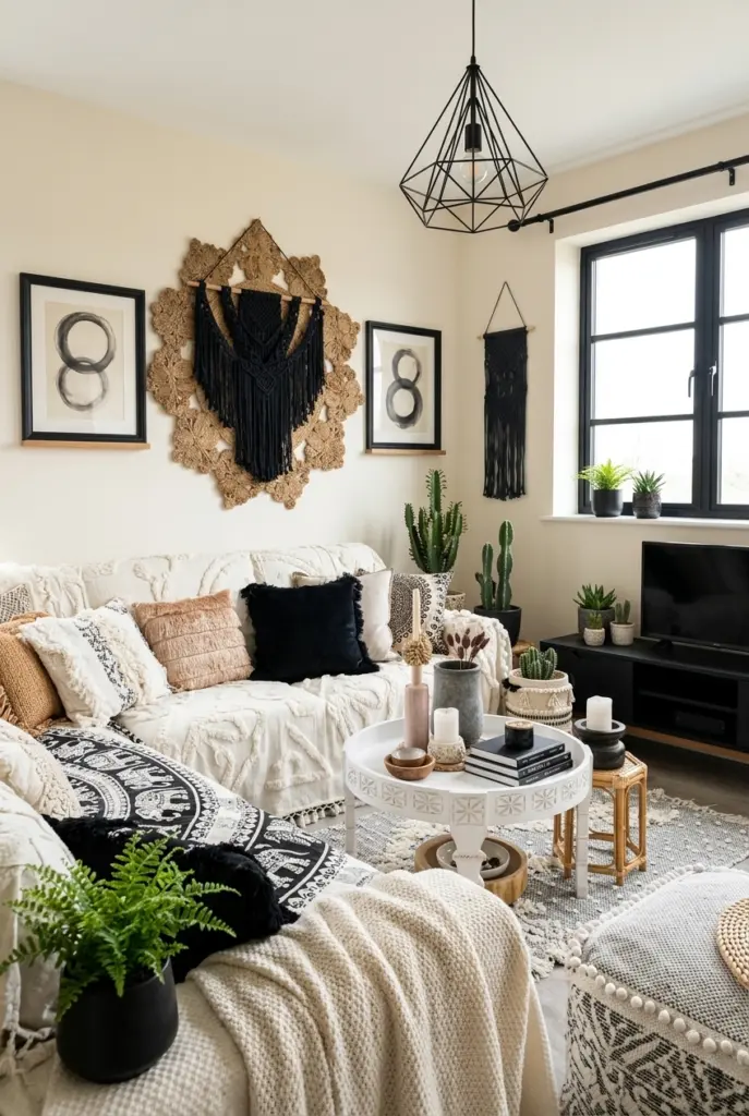 Boho Living Room with Cream and Black