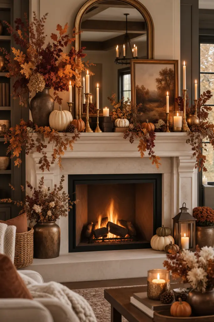 Fall Mantel Decor Ideas in 2026 13 Fall Mantel Decor with Candlesticks and Autumn Leaves