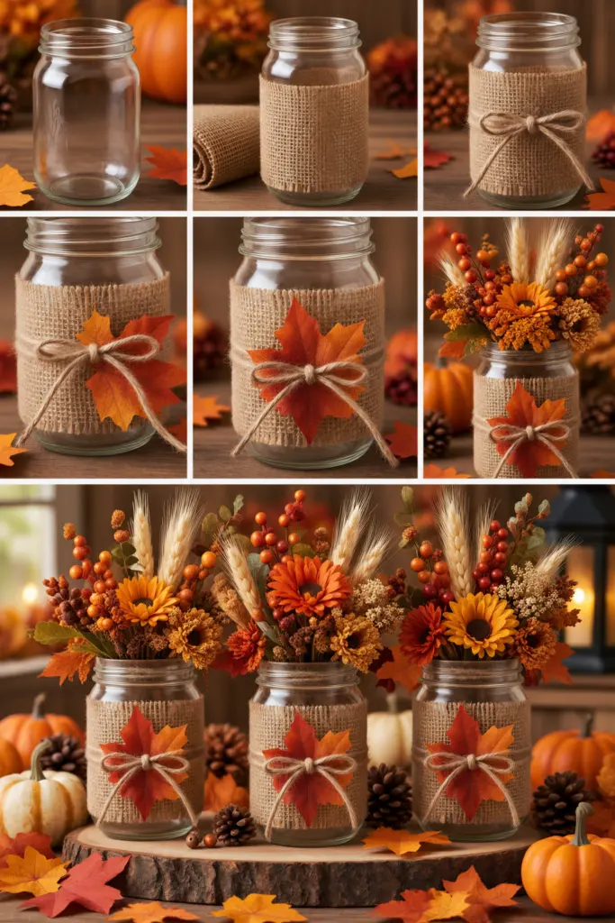 25+ DIY Fall Mason Jar Crafts (Easy Step-by-Step ) 14 Burlap-Wrapped Fall Mason Jar