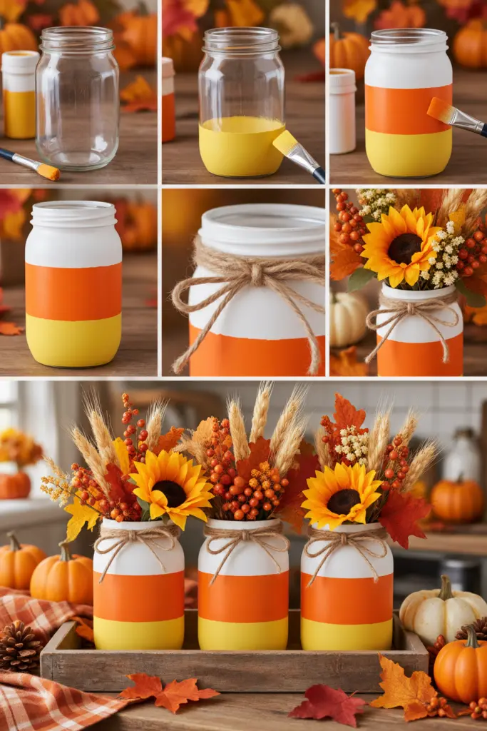 25+ DIY Fall Mason Jar Crafts (Easy Step-by-Step ) 5 Candy Corn Painted Mason Jars
