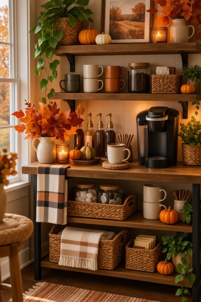 Charming Fall Coffee Bar Decor with Woven Baskets for Texture