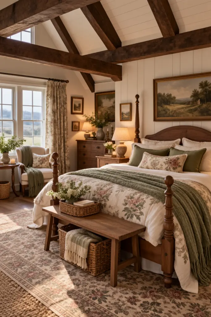 25+ Warm Cozy Cottage Bedroom Ideas 17 Warm Cozy Cottage Bedroom with dramatic
wooden ceiling beams