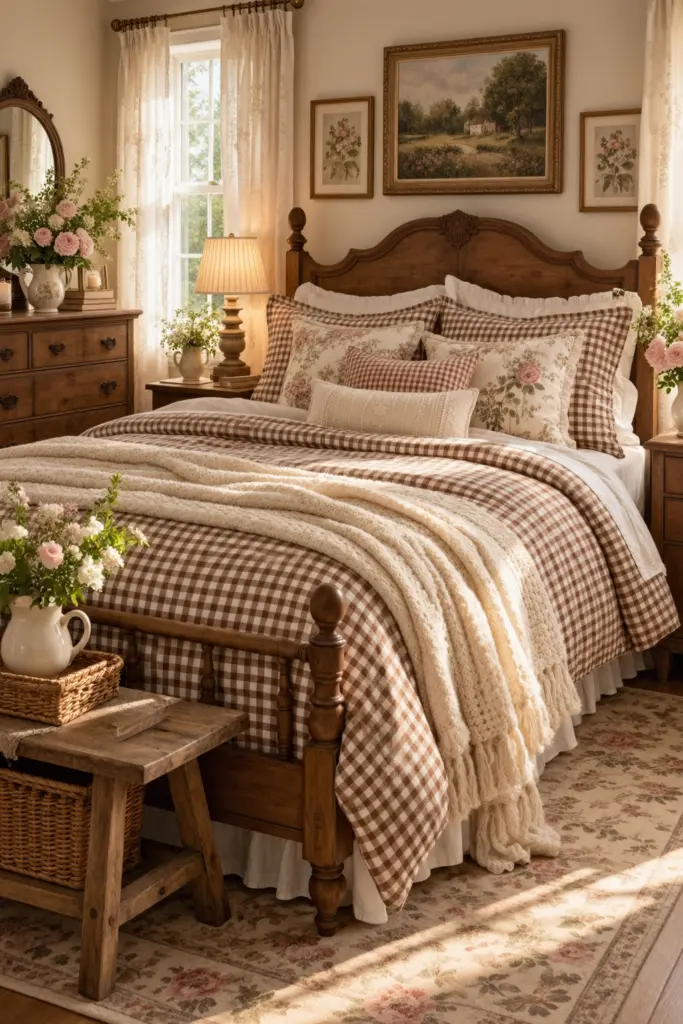 25+ Warm Cozy Cottage Bedroom Ideas 7 Cozy Cottage Bedroom With Checkered Bedding