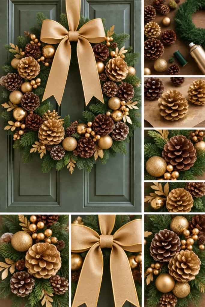 30+ DIY Christmas Wreath Ideas 15 Christmas Pinecone and Gold Wreath