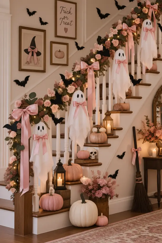 15+ Spooky & Cute Coquette Halloween Decor Ideas 2 Staircase with Pink coquette Halloween decor