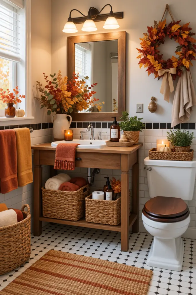 20+ Cozy Fall Bathroom Decor Ideas 16 Cozy Autumn Bathroom with Woven Baskets