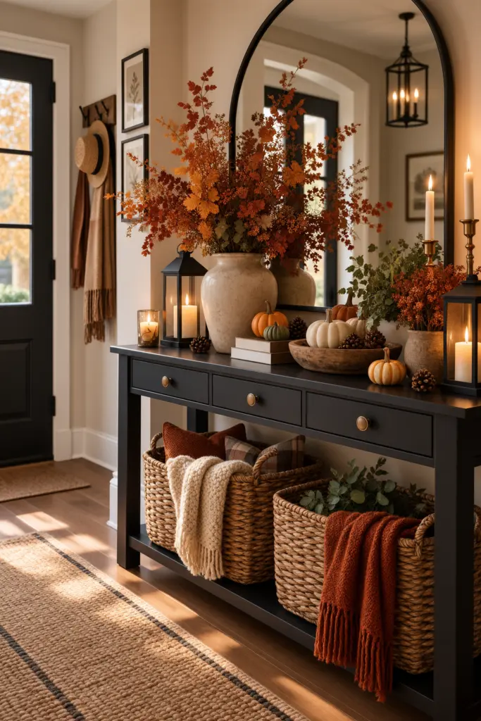 Fall Entryway Decor Ideas (Cozy & Welcoming) 8 Cozy Fall Entryway Decor with Woven Baskets